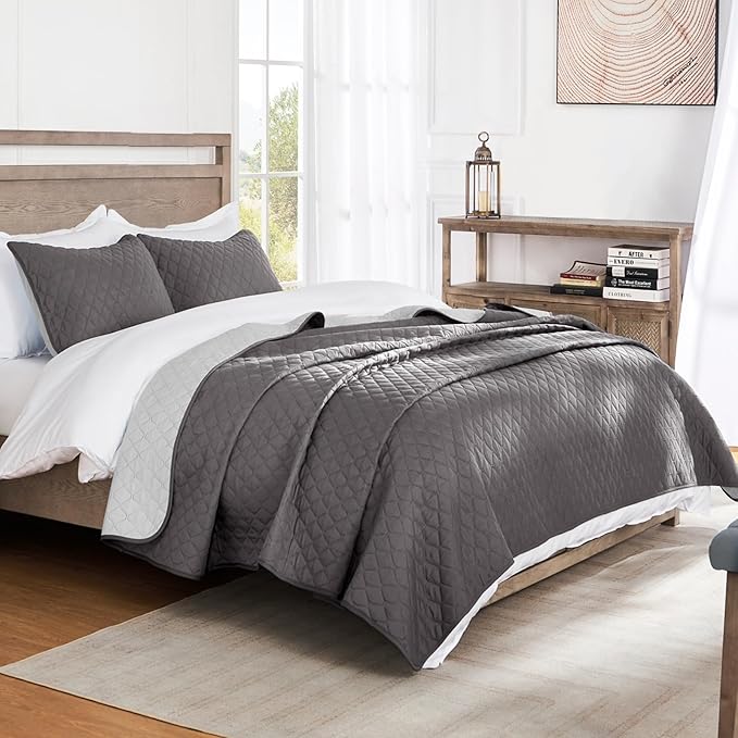 Ultrasonic Reversible Full Queen Quilt Bedding Set with Pillow Shams, Lightweight Quilts Queen Size, Soft Bedspreads Bed Coverlets for All Seasons - (Grey, 90"x96")