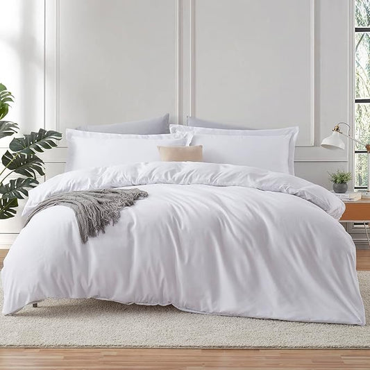 White Duvet Cover Queen Size - 3 Piece Queen Duvet Cover Set, Soft Double Brushed Queen Size Duvet Covers with Button Closure, 1 Duvet Cover 90x90 inches and 2 Pillow Shams