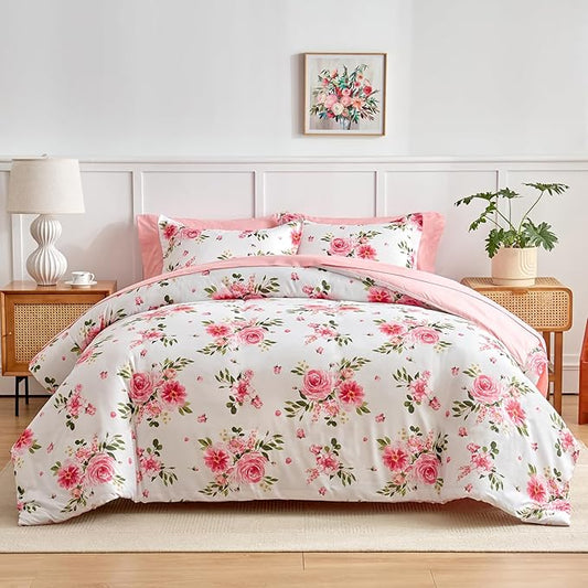Pink Duvet Cover Set Queen Size 3 Piece Floral Style - 1 Pink Rose with Leaves Girls Bedding White Duvet Cover + 2 Pillow Shams Cute Flower Comforter Cover with Zipper Closure, 4 Corner Ties