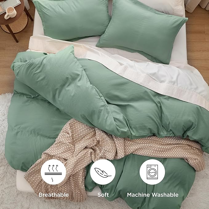Sage Green Duvet Cover Queen Size - 3 Pieces Prewashed Cotton-Like Extra Soft Bedding Set, Includes 1 Duvet Cover 90x90 Inches with Zipper Closure & 2 Pillow Shams, Comforter Not Included