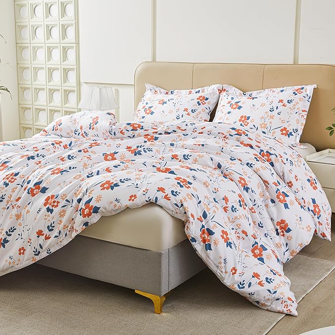 Floral Duvet Cover Queen Size, Orange Flower Zipper Closure Duvet Cover Set, Soft Microfiber Flower Printed Bedding Set with 4 Ties