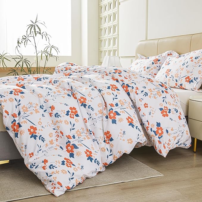 Floral Duvet Cover Queen Size, Orange Flower Zipper Closure Duvet Cover Set, Soft Microfiber Flower Printed Bedding Set with 4 Ties