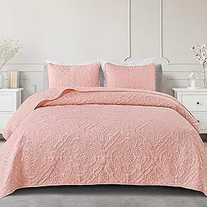 Quilt Set Full Queen Size, Lightweight Vintage Quilts with 2 Pillow Shams, Soft Queen Bedspreads Coverlets Bedding Set for All Seasons, (90"x96", Blush Pink)