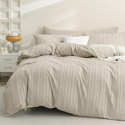 Duvet Cover Full Size Light Khaki - 3PCS Boho Striped Duvet Cover Set Polyester Tufted Bohemian Textured Comforter Cover with Corner Ties & Zipper Closure