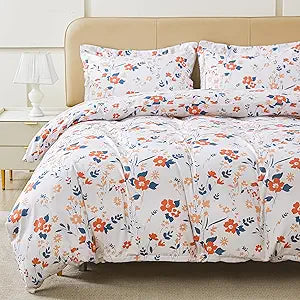 Floral Duvet Cover Queen Size, Orange Flower Zipper Closure Duvet Cover Set, Soft Microfiber Flower Printed Bedding Set with 4 Ties