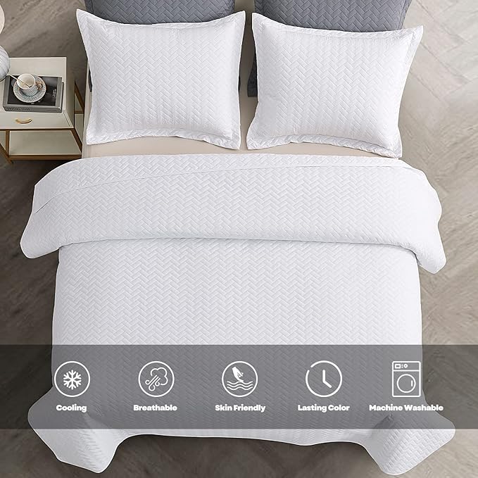 White Quilt Set Queen Size, Lightweight Bedspread Ultrasonic Chevron Pattern Light Coverlet for All Season Comforter Bedding Decor - 3 Piece Full Bed Cover Sets