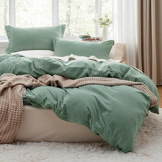 Sage Green Duvet Cover Queen Size - 3 Pieces Prewashed Cotton-Like Extra Soft Bedding Set, Includes 1 Duvet Cover 90x90 Inches with Zipper Closure & 2 Pillow Shams, Comforter Not Included