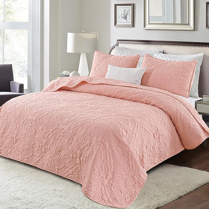 Quilt Set Full Queen Size, Lightweight Vintage Quilts with 2 Pillow Shams, Soft Queen Bedspreads Coverlets Bedding Set for All Seasons, (90"x96", Blush Pink)