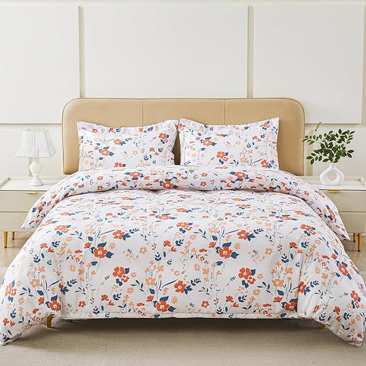 Floral Duvet Cover Queen Size, Orange Flower Zipper Closure Duvet Cover Set, Soft Microfiber Flower Printed Bedding Set with 4 Ties