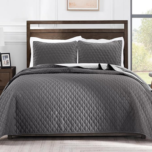 Ultrasonic Reversible Full Queen Quilt Bedding Set with Pillow Shams, Lightweight Quilts Queen Size, Soft Bedspreads Bed Coverlets for All Seasons - (Grey, 90"x96")