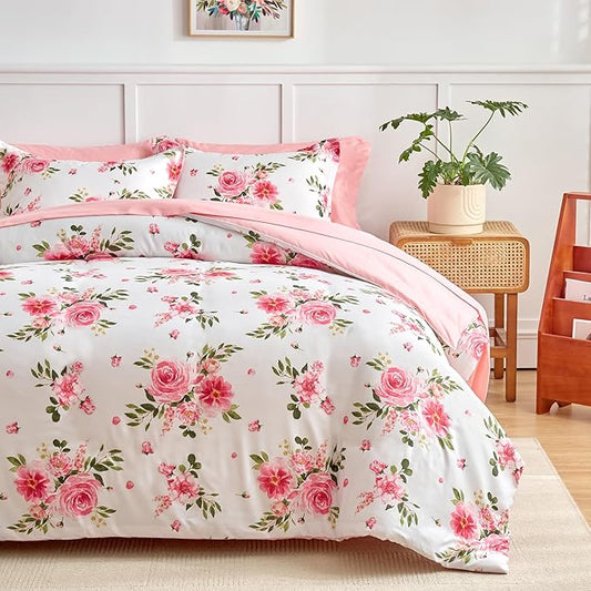 Pink Duvet Cover Set Queen Size 3 Piece Floral Style - 1 Pink Rose with Leaves Girls Bedding White Duvet Cover + 2 Pillow Shams Cute Flower Comforter Cover with Zipper Closure, 4 Corner Ties