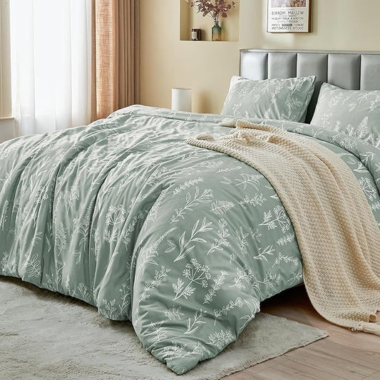 Duvet Cover Queen Size, Reversible Floral Green Duvet Cover Set with Zipper Closure, 3 Pieces Botanical Patterns Soft Microfiber Bedding Set with 4 Ties (90"x90", 2 Pillow Cases)