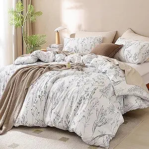 Duvet Cover Queen Size, 3 Pieces Floral Duvet Cover with Black Botanical Patterns Soft Microfiber Bedding Set with Zipper Closure 4 Ties (2 Pillow Cases)-White