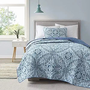 Reversible Quilt Set-Vermicelli Stitching Design All Season, Lightweight, Coverlet Bedspread Bedding, Matching Shams, Twin/Twin XL (66 in x 90 in)
