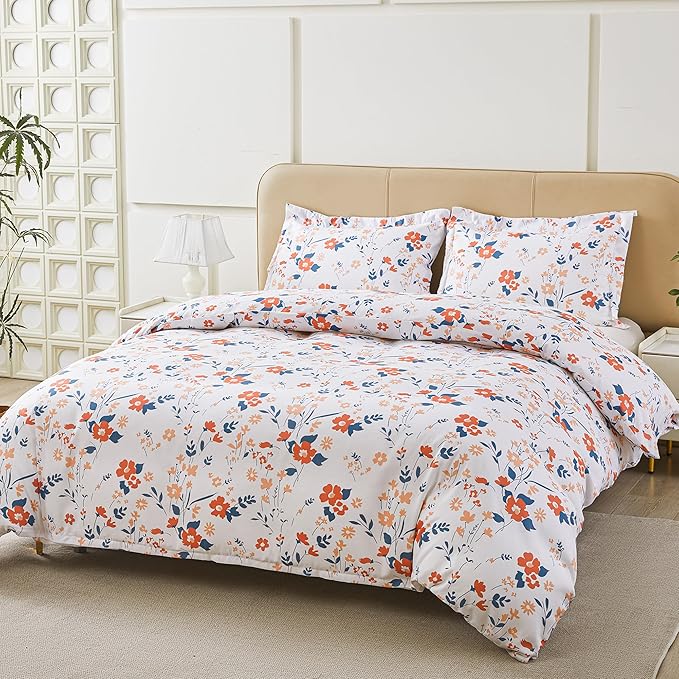 Floral Duvet Cover Queen Size, Orange Flower Zipper Closure Duvet Cover Set, Soft Microfiber Flower Printed Bedding Set with 4 Ties