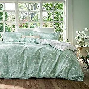 Duvet Cover Queen Size - Reversible Green Queen Duvet Cover Set with Zipper Closure, 3 Pieces Floral Patterned Bedding Set with 8 Corner Ties and 2 Pillow Shams