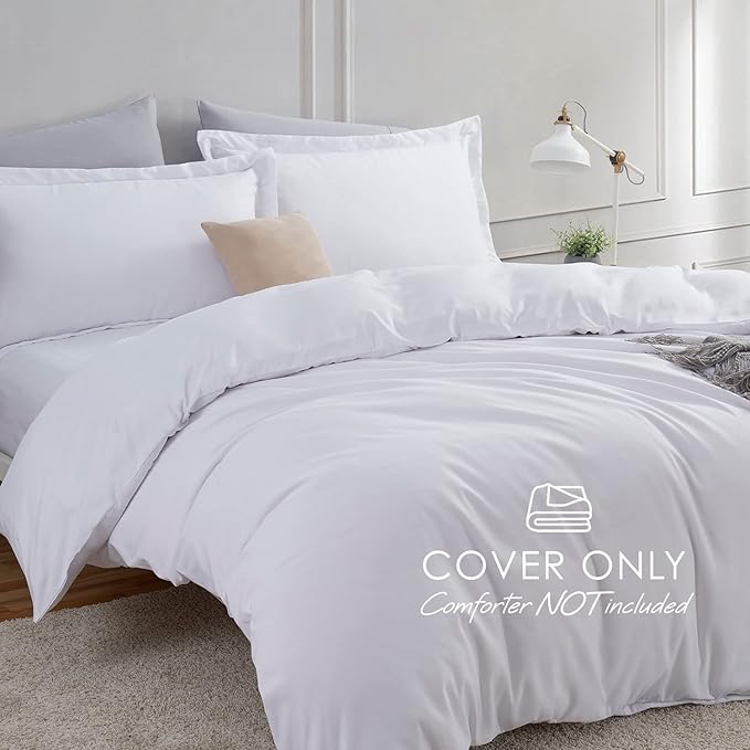 White Duvet Cover Queen Size - 3 Piece Queen Duvet Cover Set, Soft Double Brushed Queen Size Duvet Covers with Button Closure, 1 Duvet Cover 90x90 inches and 2 Pillow Shams