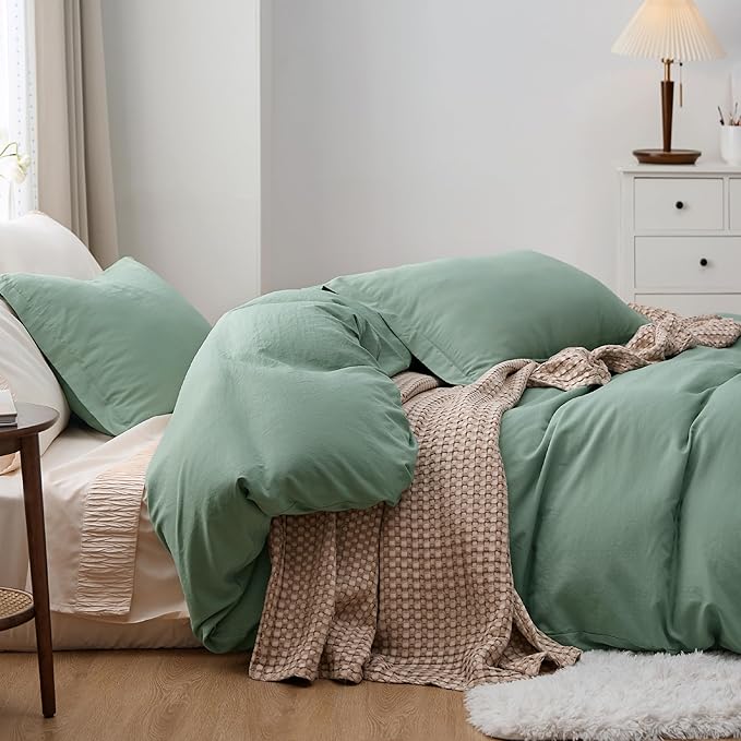 Sage Green Duvet Cover Queen Size - 3 Pieces Prewashed Cotton-Like Extra Soft Bedding Set, Includes 1 Duvet Cover 90x90 Inches with Zipper Closure & 2 Pillow Shams, Comforter Not Included