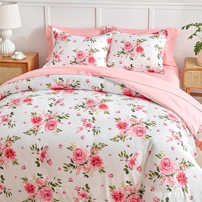 Pink Duvet Cover Set Queen Size 3 Piece Floral Style - 1 Pink Rose with Leaves Girls Bedding White Duvet Cover + 2 Pillow Shams Cute Flower Comforter Cover with Zipper Closure, 4 Corner Ties