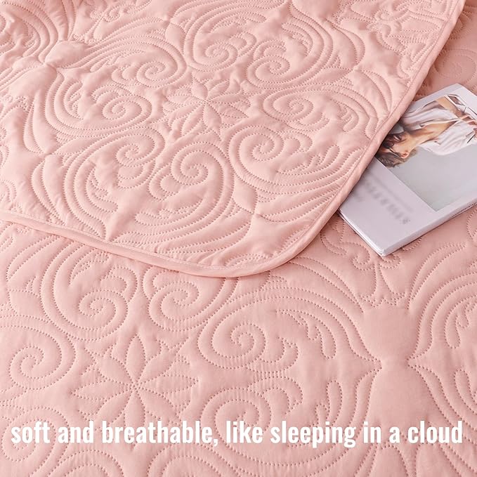 Quilt Set Full Queen Size, Lightweight Vintage Quilts with 2 Pillow Shams, Soft Queen Bedspreads Coverlets Bedding Set for All Seasons, (90"x96", Blush Pink)