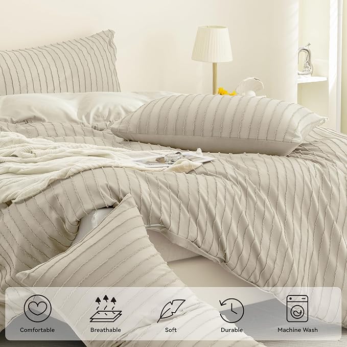 Duvet Cover Full Size Light Khaki - 3PCS Boho Striped Duvet Cover Set Polyester Tufted Bohemian Textured Comforter Cover with Corner Ties & Zipper Closure