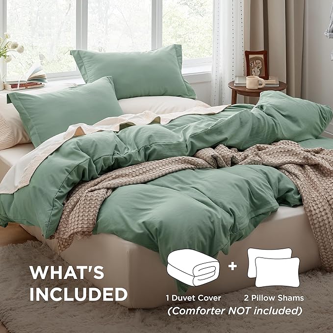 Sage Green Duvet Cover Queen Size - 3 Pieces Prewashed Cotton-Like Extra Soft Bedding Set, Includes 1 Duvet Cover 90x90 Inches with Zipper Closure & 2 Pillow Shams, Comforter Not Included