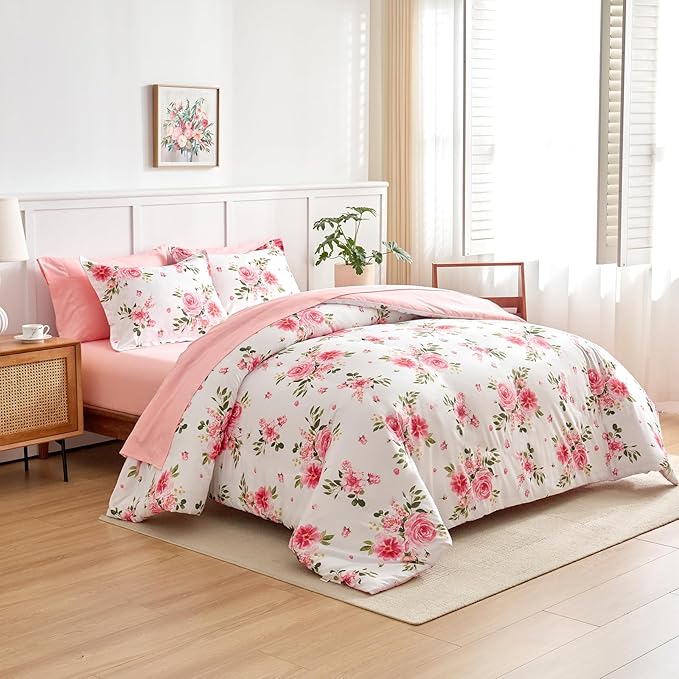 Pink Duvet Cover Set Queen Size 3 Piece Floral Style - 1 Pink Rose with Leaves Girls Bedding White Duvet Cover + 2 Pillow Shams Cute Flower Comforter Cover with Zipper Closure, 4 Corner Ties
