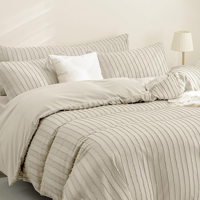 Duvet Cover Full Size Light Khaki - 3PCS Boho Striped Duvet Cover Set Polyester Tufted Bohemian Textured Comforter Cover with Corner Ties & Zipper Closure