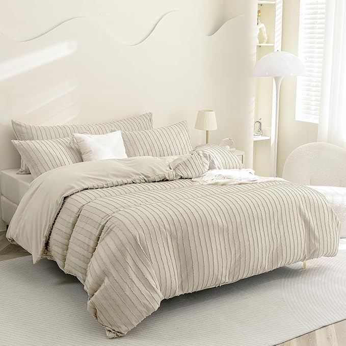 Duvet Cover Full Size Light Khaki - 3PCS Boho Striped Duvet Cover Set Polyester Tufted Bohemian Textured Comforter Cover with Corner Ties & Zipper Closure