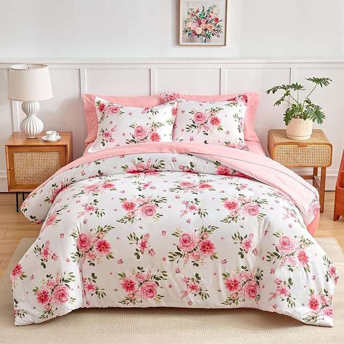 Pink Duvet Cover Set Queen Size 3 Piece Floral Style - 1 Pink Rose with Leaves Girls Bedding White Duvet Cover + 2 Pillow Shams Cute Flower Comforter Cover with Zipper Closure, 4 Corner Ties