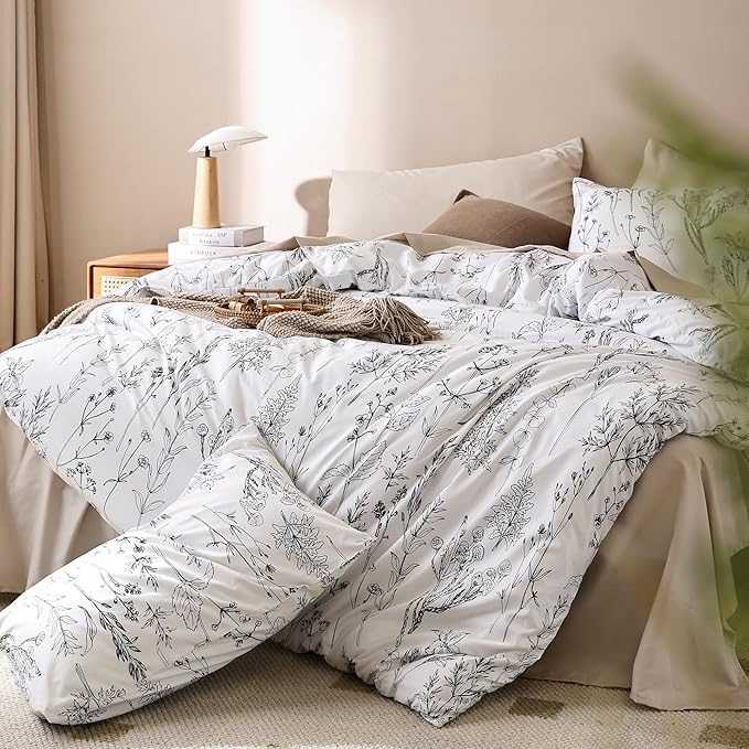Duvet Cover Queen Size, 3 Pieces Floral Duvet Cover with Black Botanical Patterns Soft Microfiber Bedding Set with Zipper Closure 4 Ties (2 Pillow Cases)-White