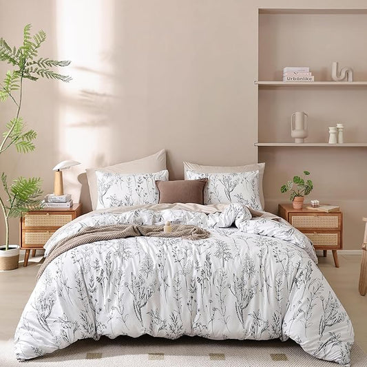 Duvet Cover Queen Size, 3 Pieces Floral Duvet Cover with Black Botanical Patterns Soft Microfiber Bedding Set with Zipper Closure 4 Ties (2 Pillow Cases)-White